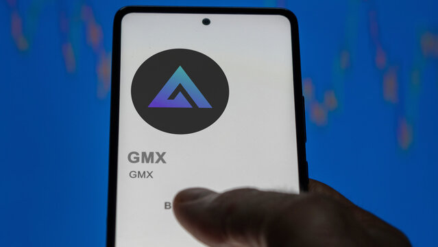 April 24th 2024. Close up on logo of (GMX) GMX on the screen of an exchange. (GMX) GMX price stocks, $GMX on a device.