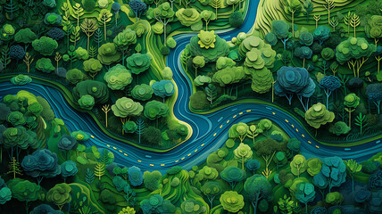 A green forest with a winding road
