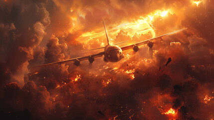 A large airplane is flying through a fiery sky. The scene is intense and chaotic, with the plane being the only object in focus. The rest of the image is filled with smoke and flames