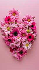 Heart shaped arrangement of pink flowers placed on a pink background, creating a delicate and romantic visual composition