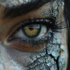 Artistic collage: detailed illustration of an eye with long black eyelashes.
