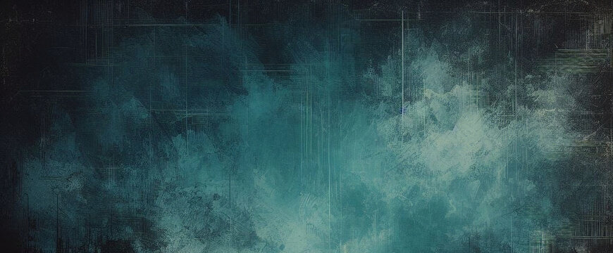 Dark turquoise art background. Large brush strokes. Acrylic paint in aquamarine or celadon colors. Abstract painting. Textured surface template for banner, poster. Narrow horizontal illustration	