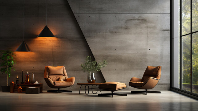 A Modern Luxury Living Room with A Sofa Paired with A Dark Concrete Wall That Offers a Sleek and Contemporary Vibe