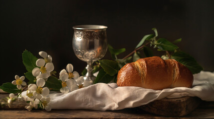 Communion on rustic wooden table and some little white flowers