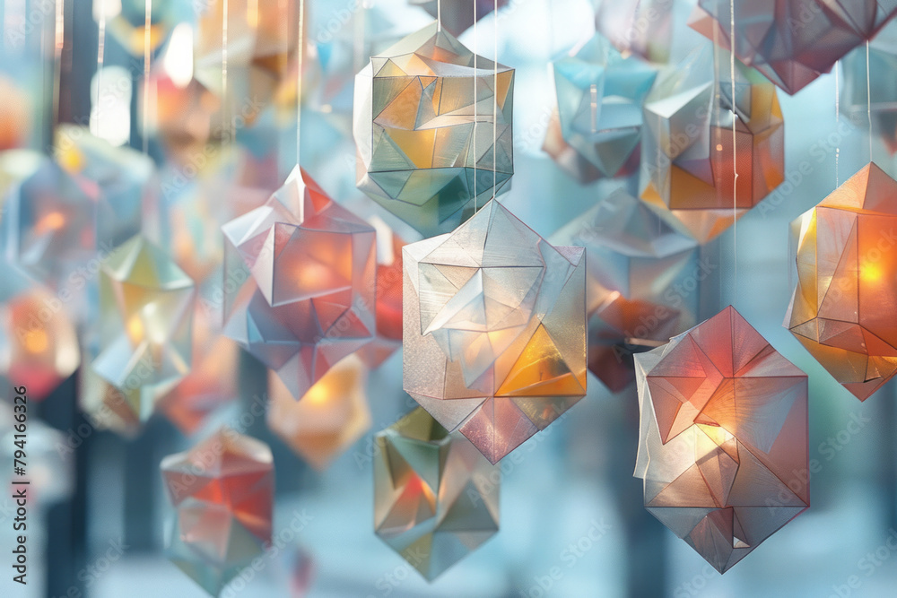 Poster an art installation of suspended shapes where each layer adds a level of complexity to a fundamental