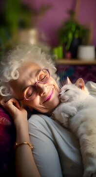 An old lady snuggling with her cat on the sofa. An atmospheric, touching scene that shows the bond between humans and animals catched in a vertical video.