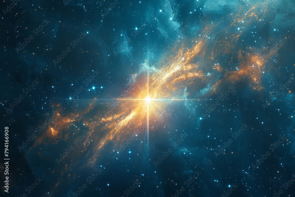 Poster an image of a celestial representation of gamma rays, where rays extend from a star-like nucleus int