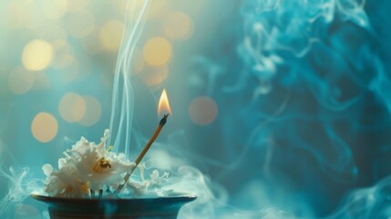 Soothing tones of sky blue and pale yellow blend together to create a tranquil aura all emanating from the vibrant smoke of burning incense. - obrazy, fototapety, plakaty