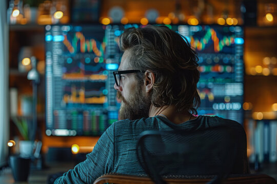 An image of a financial analyst intently reviewing fluctuating stock market graphs on dual computer
