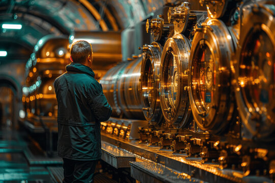 An image of a futuristic vault storing cryptocurrency hardware wallets alongside traditional gold an