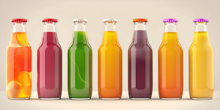 Assorted Fruit Juices in Stylish Bottles Row Overhead Shot with haf white background