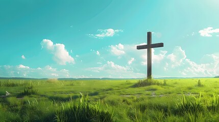 beauty of a Christian cross standing tall in a lush green field under a clear blue sky, depicted in full ultra HD resolution.