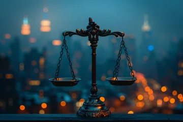 Fotobehang An image of the Scales of Justice superimposed over a cityscape at night, symbolizing the ongoing fi © Natalia