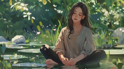  Young woman doing soothing techniques outdoors for anxiety illustration 