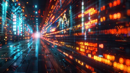Fototapeta premium Binary code tunnel with glowing blue and orange lights