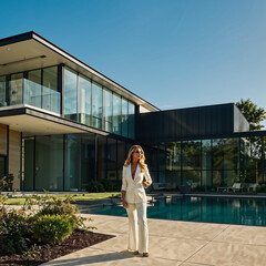 business woman in front of a luxury home