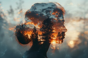 Double exposure of a woman's portrait and a forest silhouette. A beautiful girl with a double exposure of trees and a sunset sky, Calm peaceful scene