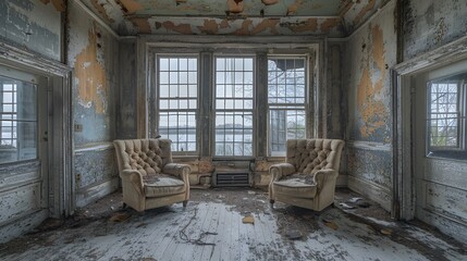 chilling aura of a desolate haunted hotel, with boarded-up windows and peeling paint, in high resolution photography.