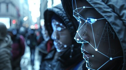 As a group of people begin to gather and cause disturbance the facial recognition system identifies individuals with previous records and alerts authorities. . - obrazy, fototapety, plakaty