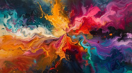Colorful abstract painting with vibrant colors and a sense of movement.