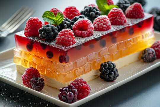 A dessert presentation where fruit gelÃ©es show a gradient from dark berry to translucent lemon, eac
