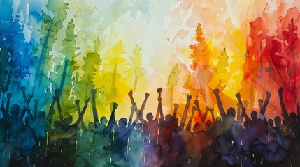 Colorful watercolor painting of a crowd of people raising their fists in the air in celebration.