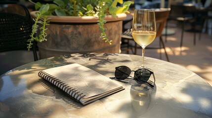 An illustration of a pair of sunglasses by a Journal book next to a glass of white wine on a summers day