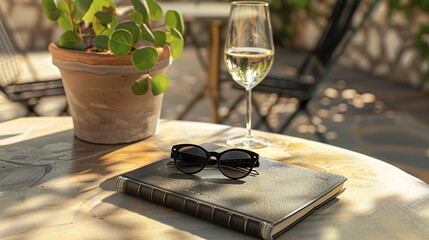 An illustration of a pair of sunglasses sitting on a book next to a glass of white wine on a summers day