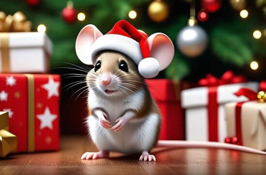 Cute mouse in Santa Claus hat on background of Christmas tree with garlands and gifts, cartoon character celebrating Christmas or New Year, close-up