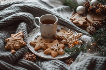 A tray of cookies and a mug of coffee sit on a blanket. The cookies are decorated with snowflakes, and the mug is filled with a steaming beverage. The scene conveys a cozy and festive atmosphere