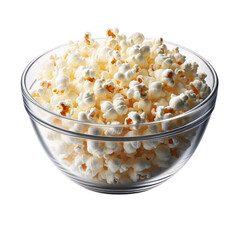 A glass bowl filled with freshly popped popcorn on a transparent background. The popcorn is appear fluffy and white with slight yellow buttery