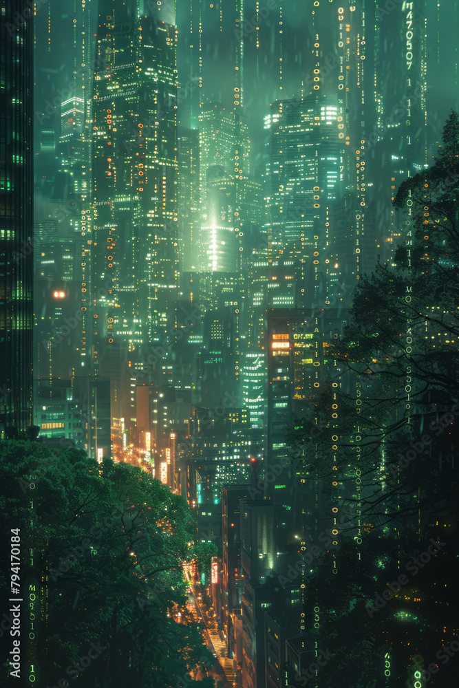 Aufkleber A background of cascading binary code that morphs into a cityscape, symbolizing the digital foundati