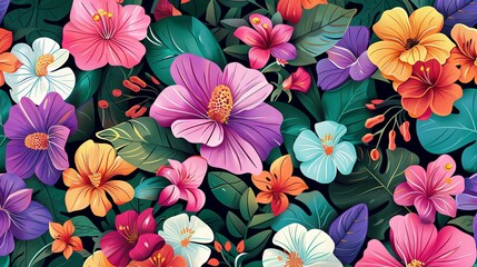 Vibrant tropical floral pattern with colorful hibiscus and foliage
