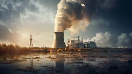 Typical nuclear reactor in the distance nuclear energy fission on a smokey background
 - obrazy, fototapety, plakaty