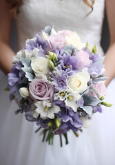 A beautiful bride holding purple and white fresh wedding bouquet flower