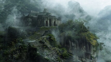 Mysterious ancient temple shrouded in fog atop misty cliffs