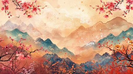 Serene Asian landscape with cherry blossoms and mountain peaks