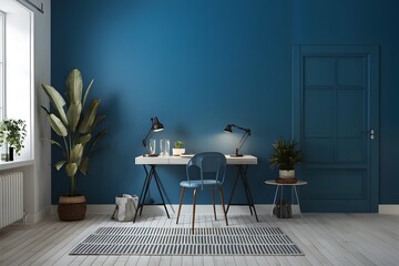 Chic minimalist interior with blue backdrop, elegant plant decor and modern coffee table Stylish workspace