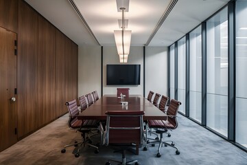 Sleek conference room with minimalist design, polished table, chairs, and ample natural light