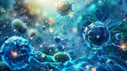 Vibrant close-up of virus cells in blue tones with light particles