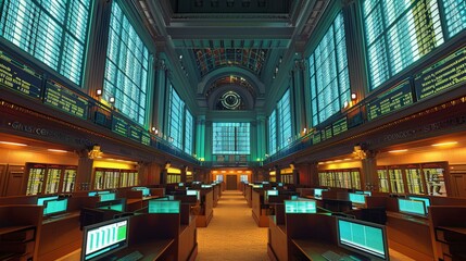 The interior of a large, opulent trading hall with a coffered ceiling. There are several traders at their desks, all wearing suits. - obrazy, fototapety, plakaty