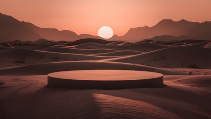 Circular platform or pedestal stands out in the foreground, casting a strong geometric contrast against the undulating sand dunes.