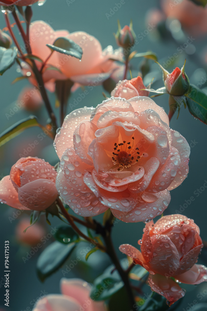 Poster a floral scene where scumbling adds a soft, ethereal quality to the petals, suggesting dew and a sof