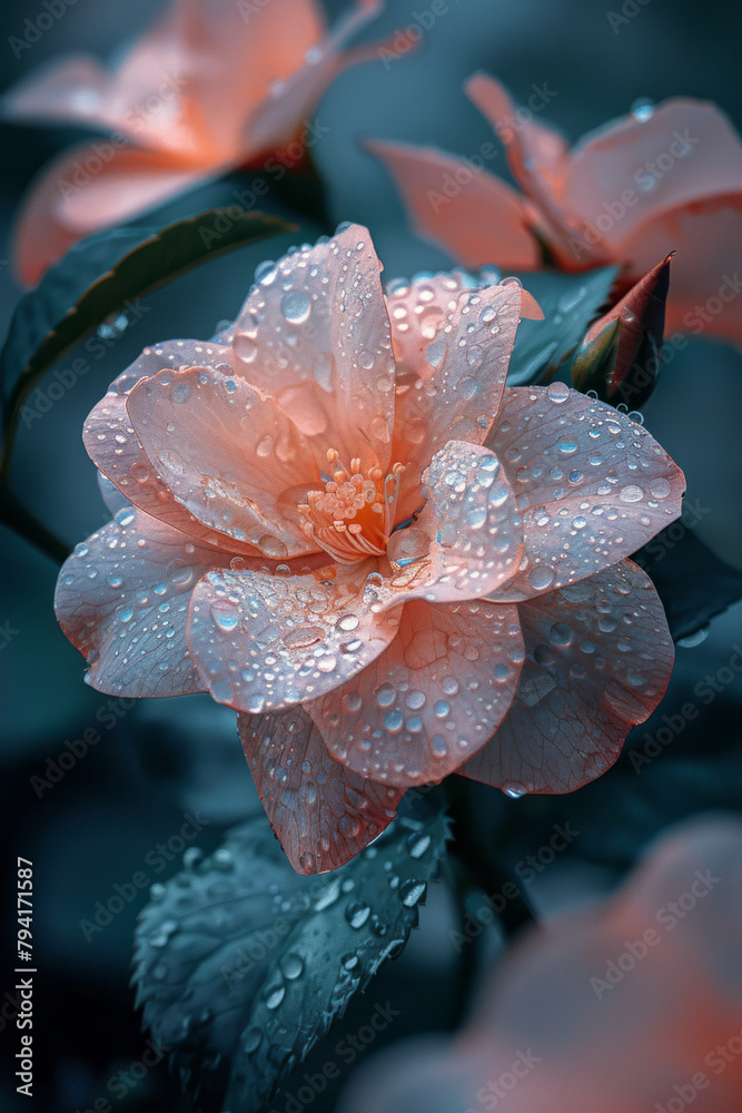 Poster a floral scene where scumbling adds a soft, ethereal quality to the petals, suggesting dew and a sof