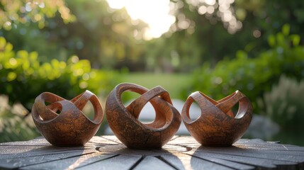 Three brown wooden sculptures on a table outside, with a blurred background of trees and sunlight. - obrazy, fototapety, plakaty