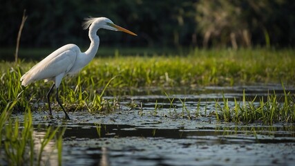 White egret stands majestically amidst serene, green wetland, with long neck extended, beak pointing skyward. Sunlight filters through trees in background, casting gentle glow on water, vegetation.