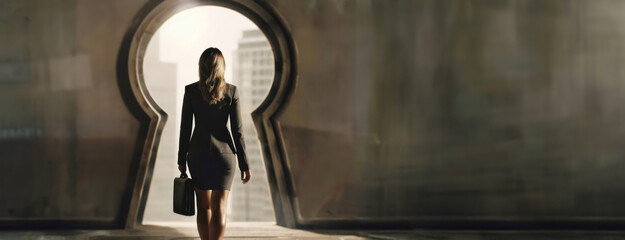 Woman in a business suit walks confidently towards a keyhole doorway. Female silhouette stands out against a cityscape, implying new beginnings and success. Panorama with copy space.