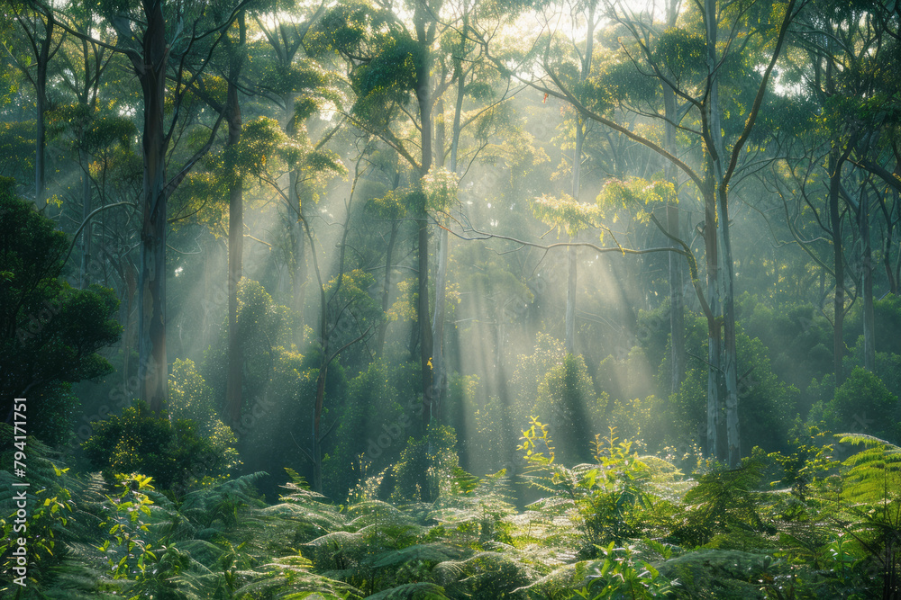 Fototapete A forest scene where feathering techniques create soft, dappled light filtering through dense tree b
