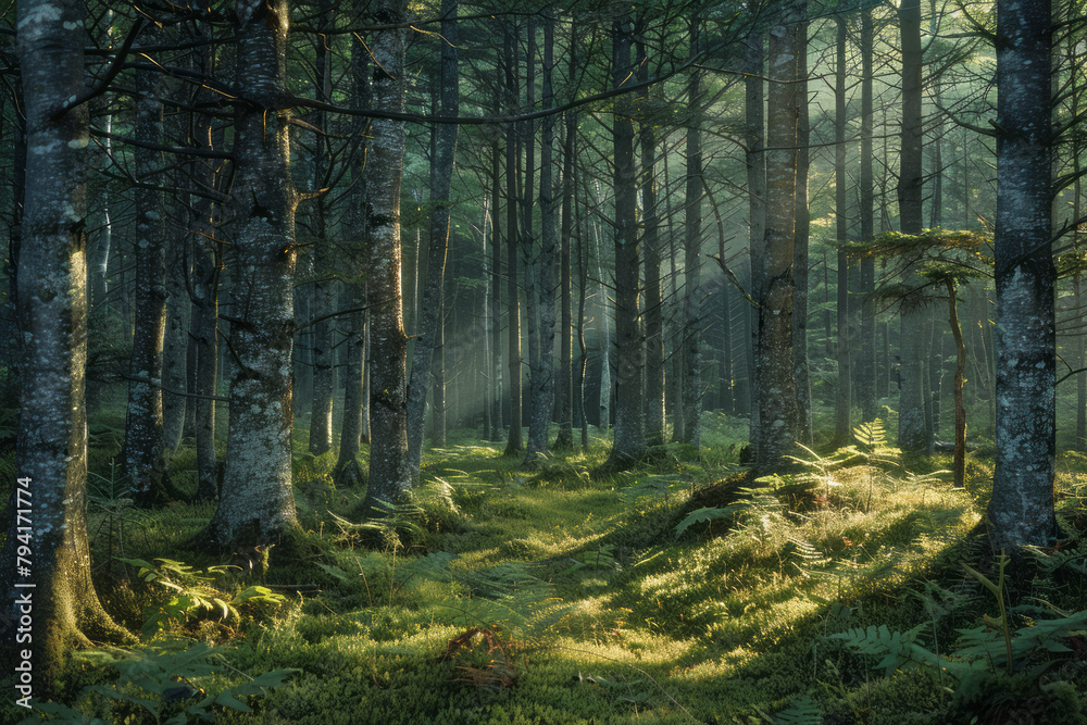 Fototapete A forest scene where feathering techniques create soft, dappled light filtering through dense tree b