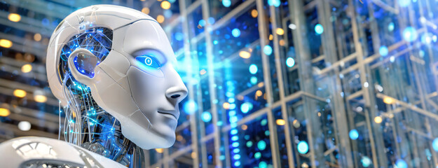 A futuristic robot head with transparent sections and blue lights. The setting suggests advanced technology at work. Symbol of artificial intelligence.